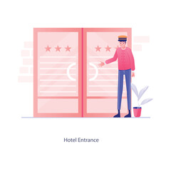 Vector elements of the office environment A man in a pink top and blue pants opens double doors with a “★★★★” rating, standing next to a small plant. The text “Hotel Entrance” is at the bottom