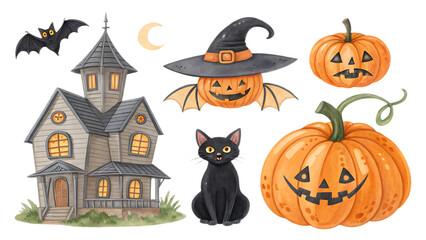 Watercolor halloween scene with haunted house, pumpkins, cat and bat under a moonlit sky illustration