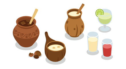 Traditional and modern drink glasses in isometric style