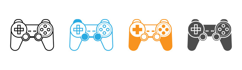 This image displays four simple, outlined video game controllers in different colors: black, orange, blue, and gray.