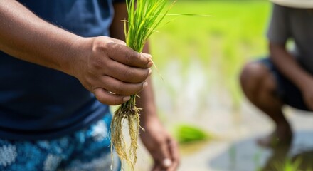 Close-up of a Farmer's Hand Holding Young Rice Seedlings with Roots for Paddy Field Planting