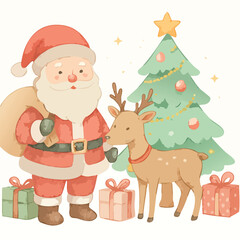 Charming watercolor art depicting Santa Claus, a reindeer, and a festive Christmas tree with gifts, perfect for holiday season cheer and joyful celebrations