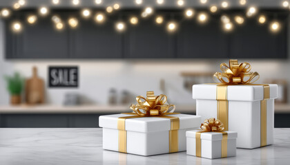 Elegant holiday sale gifts scene with white gift box and gold ribbon on marble table warm lights and festive mood
