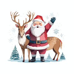 Charming cartoon Santa Claus with a friendly reindeer sending warm Christmas greetings in a winter scene