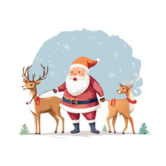 Santa Claus on a cheerful walk, leading two beautiful reindeer against a backdrop of soft winter snow, celebrating the heartwarming spirit of the festive season