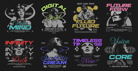Retro futuristic streetwear t-shirt designs bundle, Edgy streetwear vector set, Bold typography design for print, Retrofuturism poster, Y2k apparel design, Urban quotes graphic tee, Vintage aesthetic