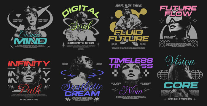 Retro futuristic streetwear t-shirt designs bundle, Edgy streetwear vector set, Bold typography design for print, Retrofuturism poster, Y2k apparel design, Urban quotes graphic tee, Vintage aesthetic