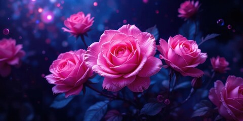 Brilliant Pink Roses Against a Deep Sapphire Abstract, AI Generated Floral