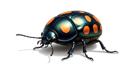 Fototapeta premium Detailed iridescent beetle with orange spots crawls on white background