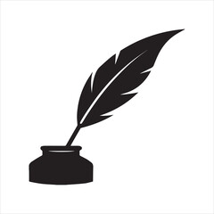 Feather quill pen with ink pot silhouette vector