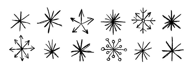 Black doodle snowflakes set. Crayon hand drawn snow flake collection. Craft sparkle and crystal sketch elements for Christmas, New Year party, winter holiday ornament. Vector pastel chalk shape pack © vika_k