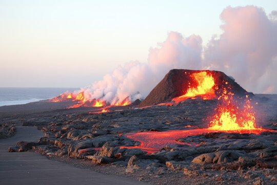 Volcanic eruption at dawn near the ocean.  Lava flows across dark volcanic landscape
