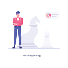 Vector elements of the office environmentA man in a pink top and blue pants stands beside a large chess piece (a knight), with a small pie chart in the upper right corner. The text “Marketing Strategy