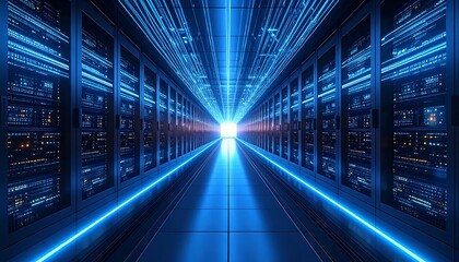 A futuristic, neon-lit server room, with lines of data streaming towards a bright light at the end. The room is symmetrical and immersive