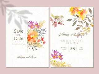 Wedding invitation card template set with abstract Autumn flowers, leaves and little bird painted in watercolor. Hand drawn vector card set with flowers for fall season.