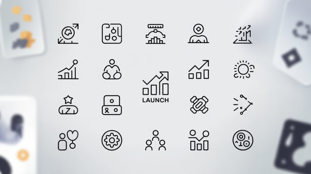 Business strategy planning and launch analysis icons for data driven growth and success management plan design