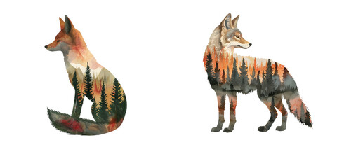silhouette coyote with forest scene inside watercolor vector illustration