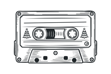 Naklejka premium Vintage cassette tape with holiday trees on transparent background. Vector hand drawn illustration