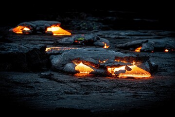 Molten lava flows, glowing orange embers in dark volcanic landscape