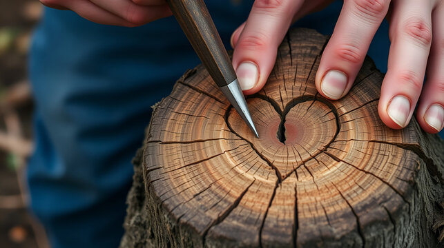 A man in love cuts a heart with an incisor on the surface of an old log, close-up