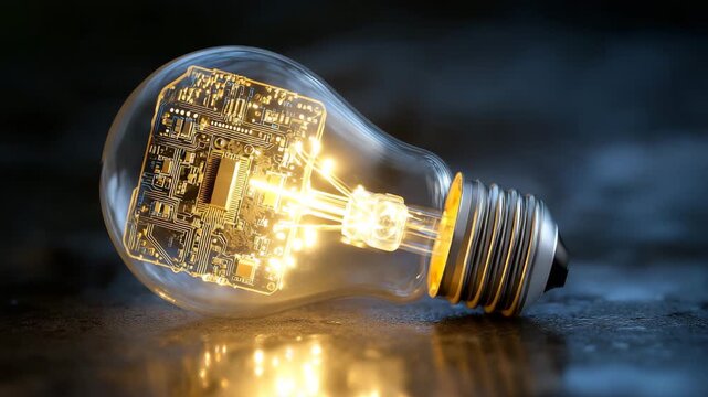 A light bulb with a circuit board inside of it. The bulb is lit up. Light bulb missing semiconductor chip inside, shortage dramatic symbolic lighting