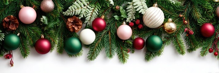 Colourful Christmas baubles on white background with copy space. New Year ornaments, winter festive holiday season greeting card, wide panoramic image