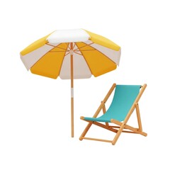 3D vector beach umbrella and chair, representing seaside vacations, rest, leisure, and summer relaxation in a colorful minimal style.