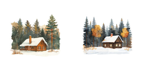 snowy cabin in the winter forest watercolor vector illustration