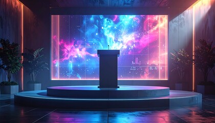 A futuristic presentation hall featuring a dark podium on a circular platform with a vibrant digital backdrop of a colorful cosmic nebula