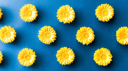 Vibrant yellow gerbera daisies arranged artistically against a deep blue background, minimalist floral concept.
