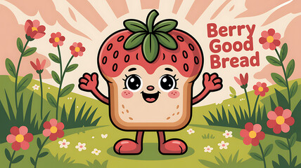 Fototapeta premium A happy slice of bread with a strawberry top, standing in a field of flowers with the text 