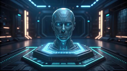 Futuristic robot head on pedestal with glowing lights in a cyber environment