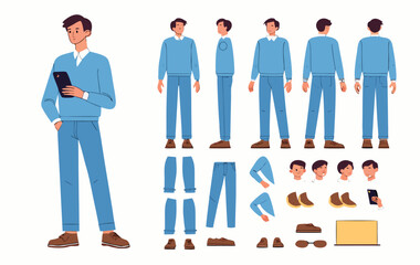 Business man character constructor for animation. Front, side and back view set. Body parts, postures, poses collection. Vector illustration. 
