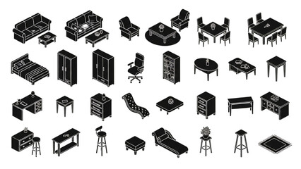 Fototapeta premium Black Silhouette Furniture Icons – Aerial View Vector Set of Chairs, Sofas, Beds, Tables, Interior Design