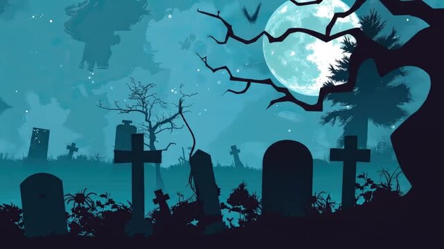 Silhouettes of tombstones and trees in a spooky graveyard at night under a full moon.