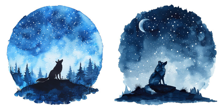 starry night with wolf silhouette watercolor vector illustration