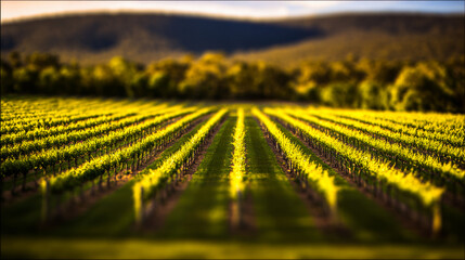 Serene vineyard landscape with orderly grapevine rows under natural sunlight, evoking tranquility and growth.
