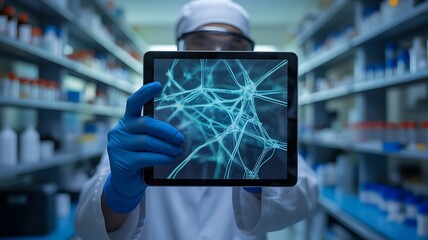 Scientist holding tablet displaying neural network