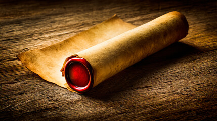 Ancient parchment scroll with wax seal, evoking historical documents on a rustic wooden surface.
