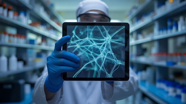 Scientist holding tablet displaying neural network