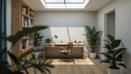 A minimalist home office showcasing a skylight, allowing natural light to flood the space for a productive atmosphere generative ai