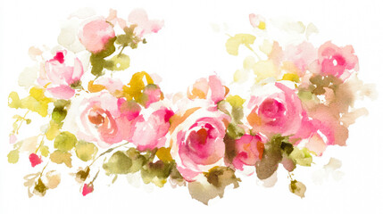 Delicate watercolor floral wreath featuring pink roses, softly illuminated with elegant composition.
