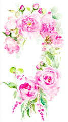 Delicate watercolor floral wreath featuring pink roses, softly illuminated with elegant composition.
