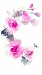 Delicate watercolor floral wreath featuring pink roses, softly illuminated with elegant composition.
