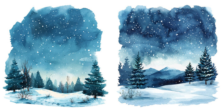 winter night sky watercolor vector illustration