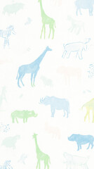 A watercolor illustration of safari animals in gentle pastel tones.
