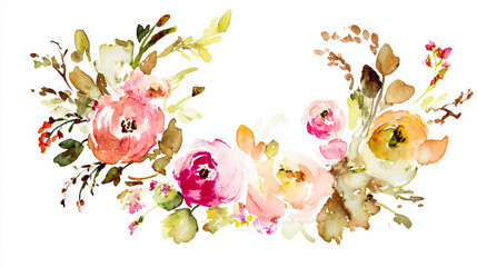 Delicate watercolor floral wreath featuring pink roses, softly illuminated with elegant composition.
