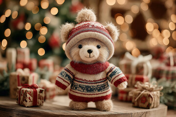 Adorable Winter Teddy Bear in Cozy Sweater Surrounded by Festive Gifts and Holiday Decorations Creating a Warm Holiday Atmosphere