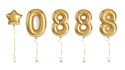 Golden star and number balloons floating against a black background for party decorations or celebrations © Googl