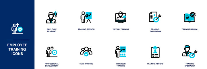 Employee Training Blue Colored Outline Icon Set